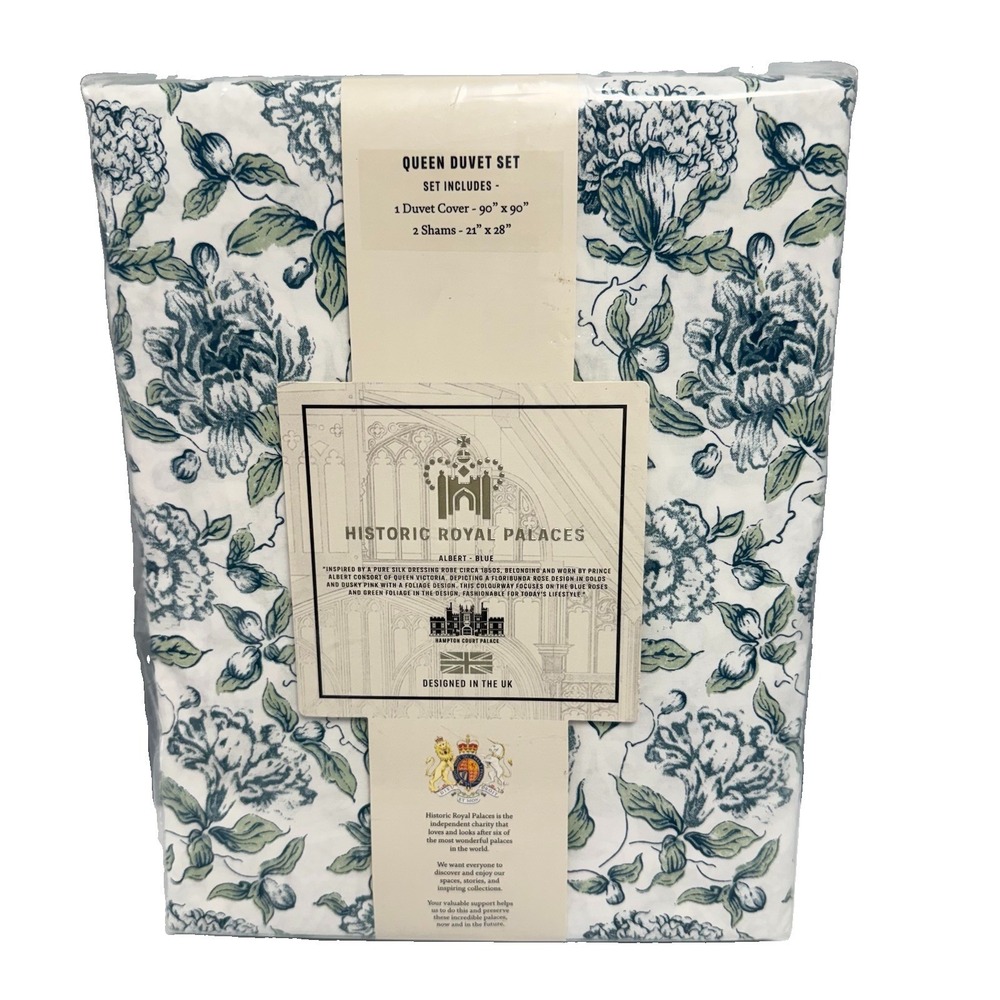NEW Historic Royal Palaces Albert -Blue Queen Duvet Set, Cover & Shams Rose